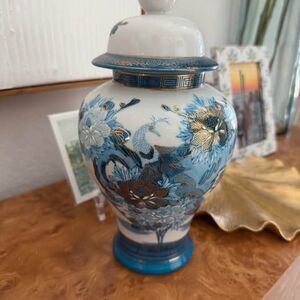Vintage Authentic Kutani Japan Ginger Jar Blue Peacock Gold Chinoiserie Decor